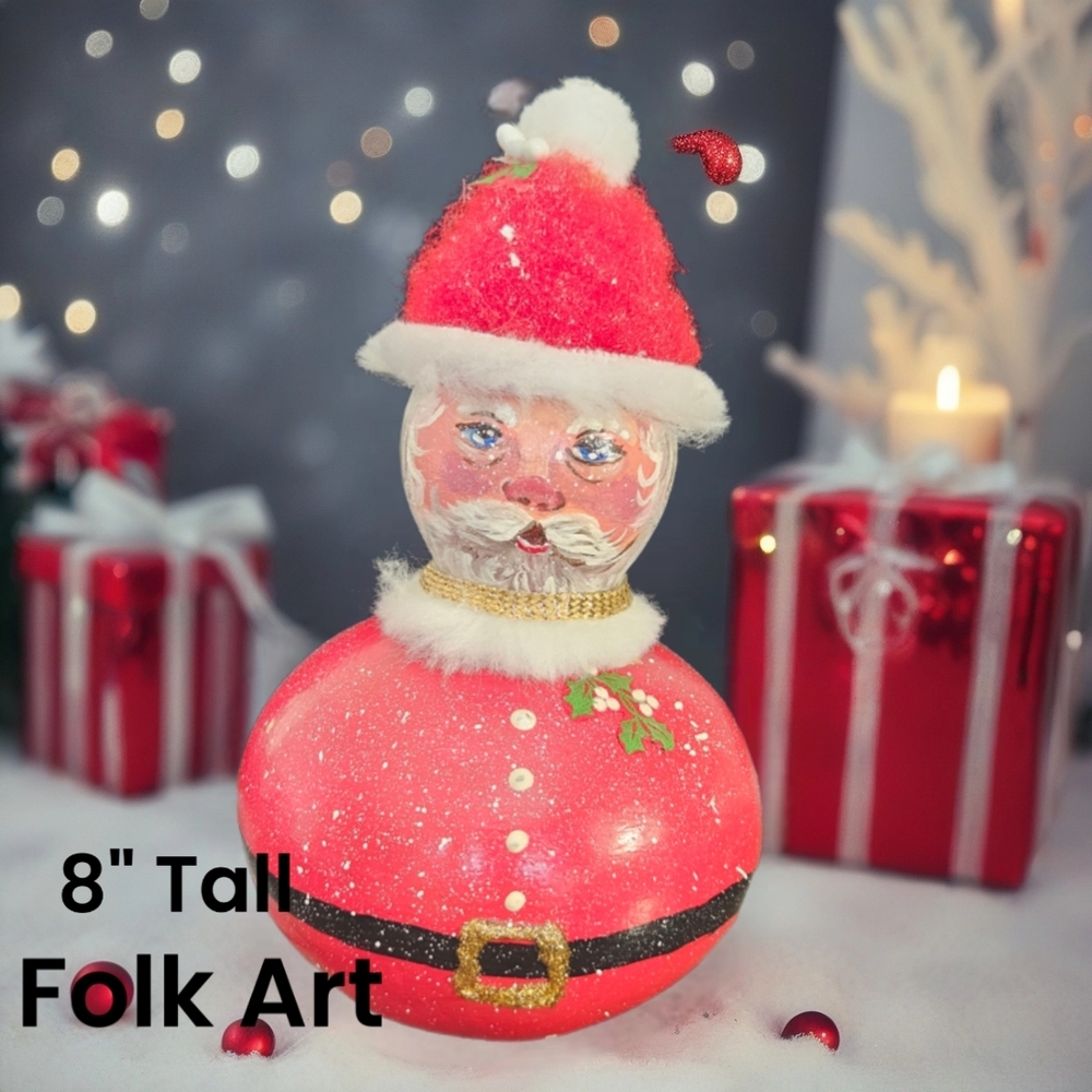 Hand Painted Folk Art Santa Ornament Made From A Natural Gourd 8" Tall